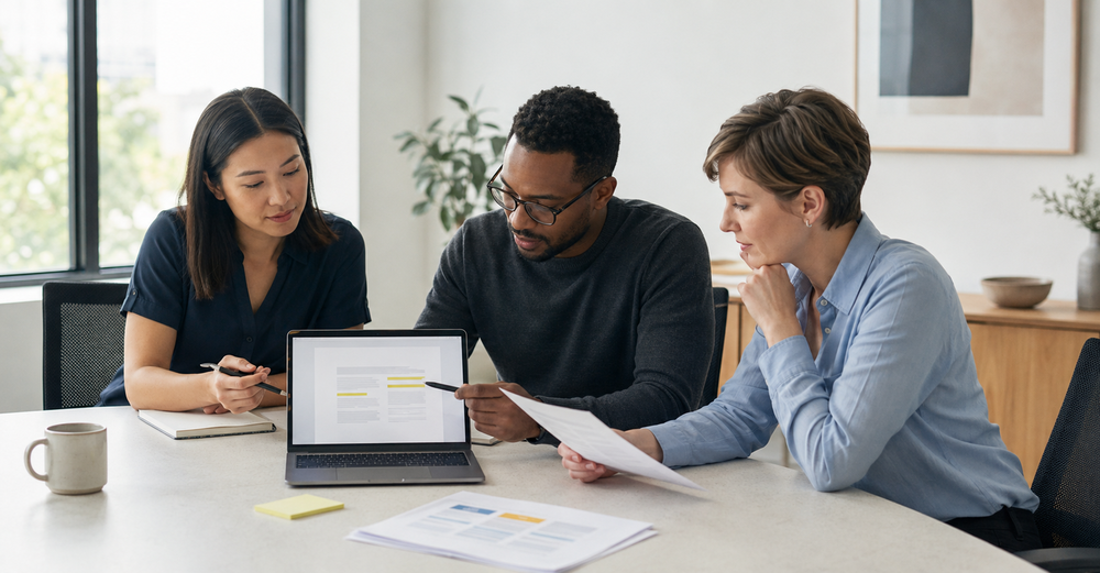 A team reviewing a layered meeting record together before confirming the final account