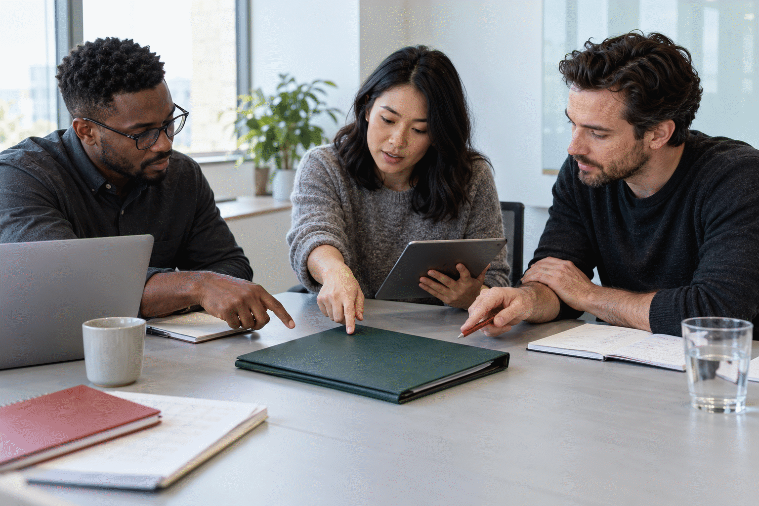 Three coworkers agree on one central home for the final meeting record while comparing several sources