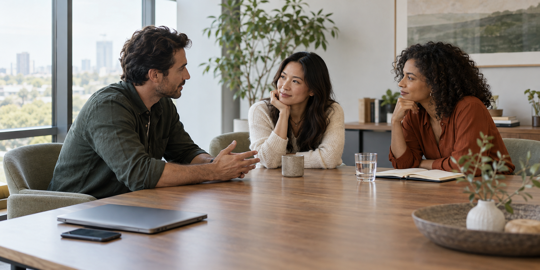 Three colleagues continue a thoughtful conversation with their laptop and phone set aside