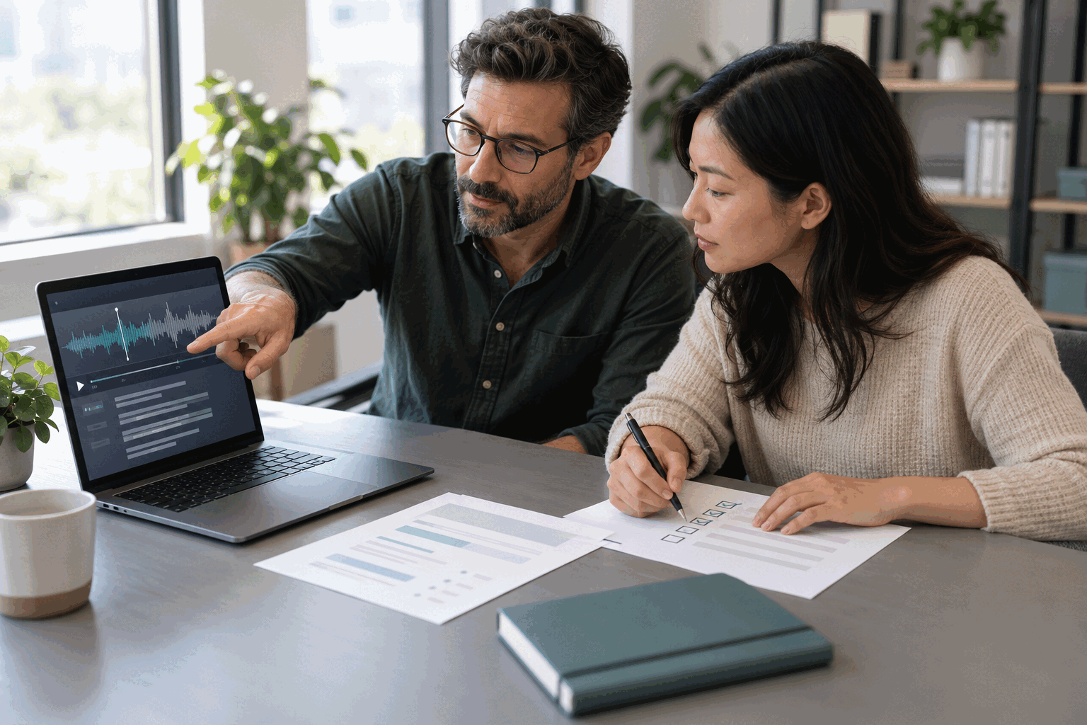 Two colleagues compare one selected AI meeting recap with its source recording during a quality review