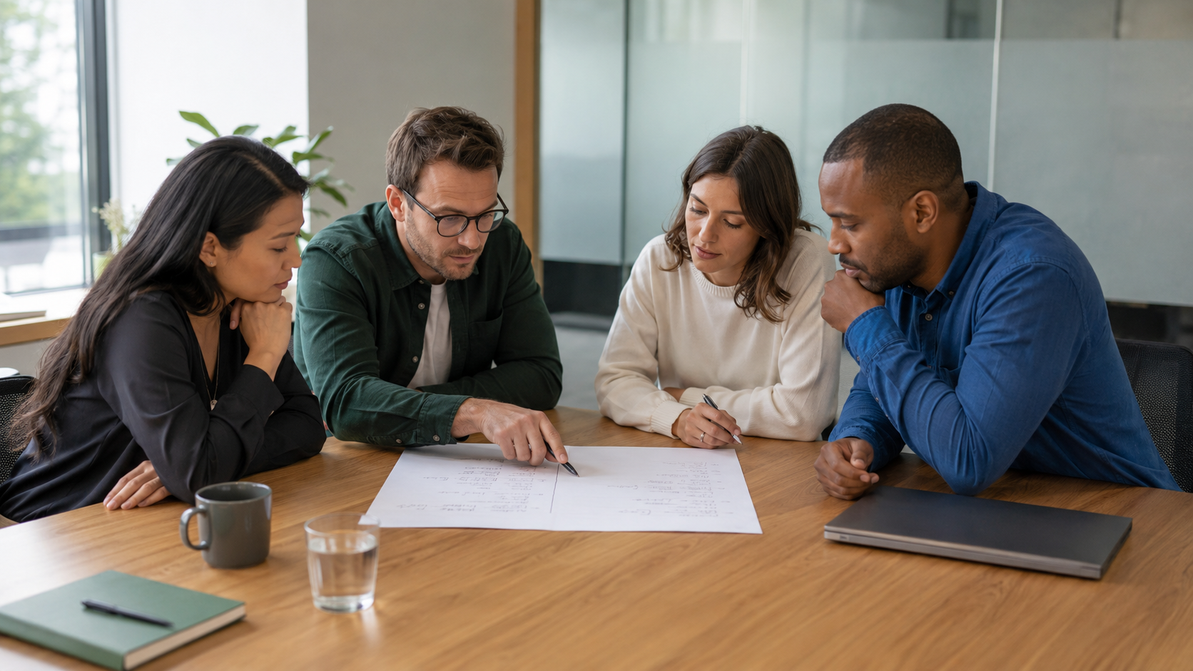A team comparing observations from AI-assisted and unassisted meetings during a focused retrospective