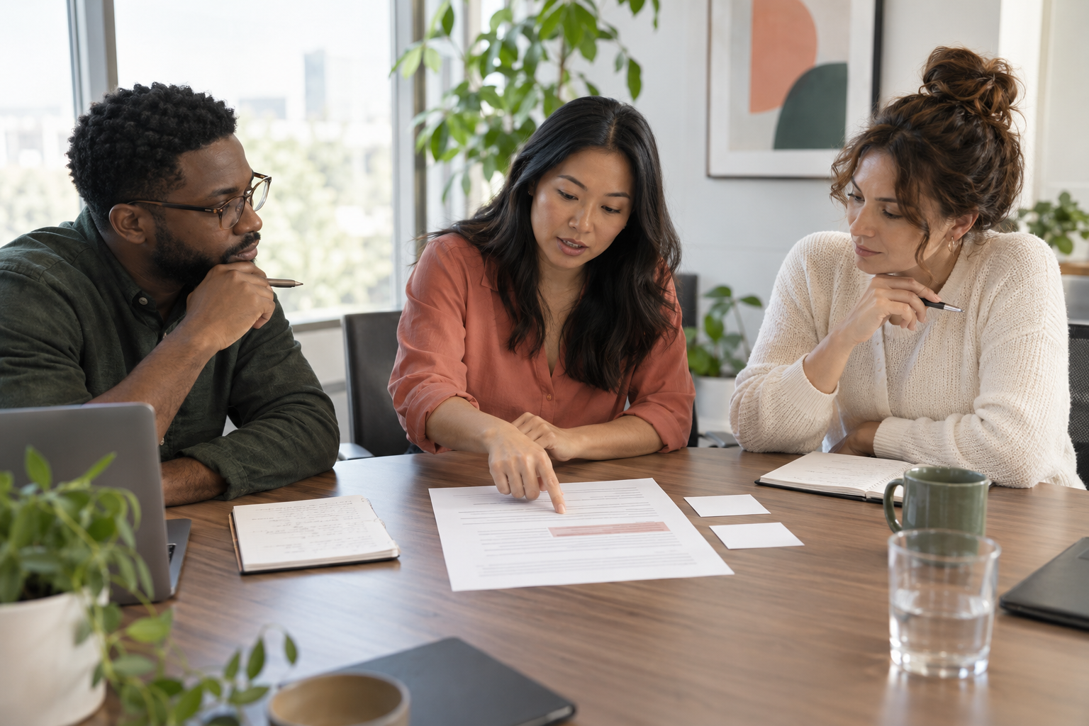 Colleagues review which meeting details belong in a document before sharing it with a wider audience