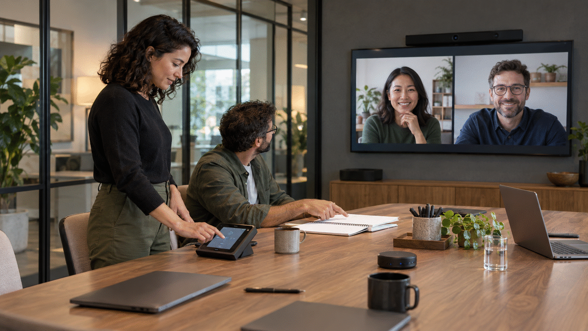 A meeting host checks a room controller while remote colleagues join from another collaboration platform