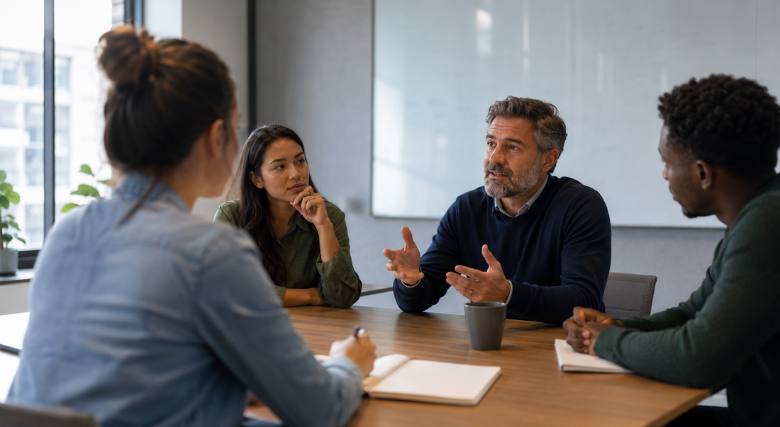 An early-career colleague listens as a senior teammate explains a decision and its tradeoffs during a focused working meeting