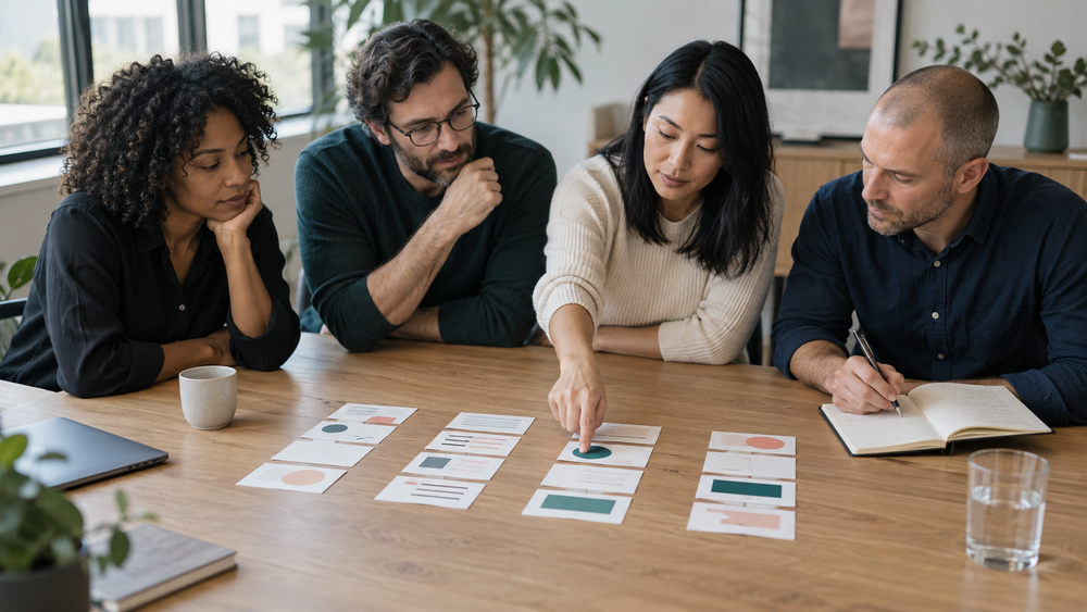 A focused team reviews four clearly separated stages of a decision during a working meeting