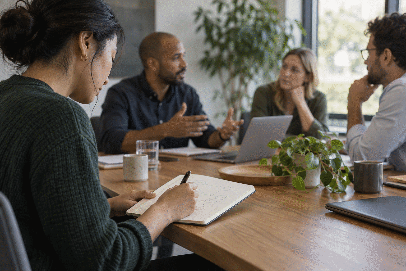 A facilitator records concrete meeting evidence while colleagues continue the discussion