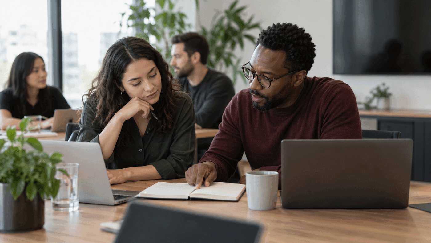Two colleagues calmly review and correct a meeting record together after a team discussion