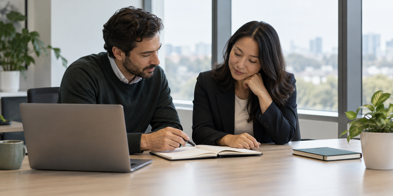 Two colleagues verify their shared one-on-one recap while a separate reflection notebook remains closed nearby
