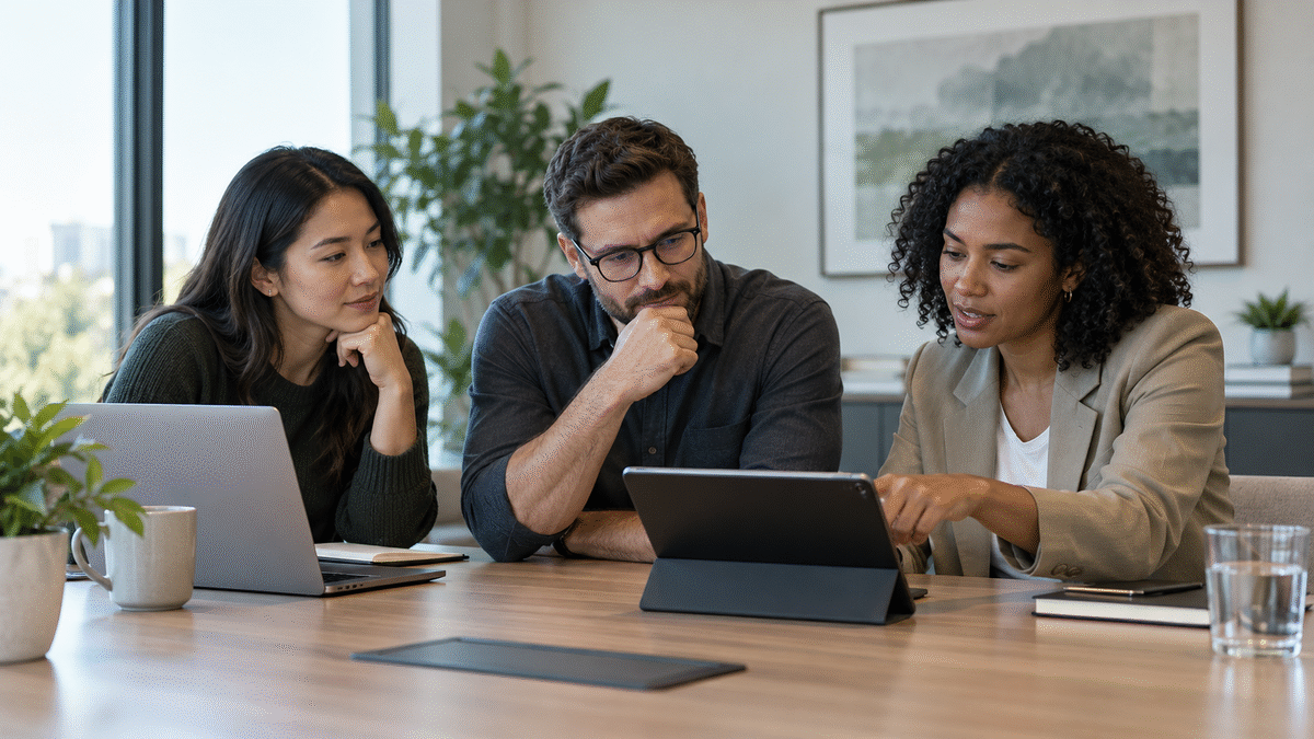 Three colleagues review AI-drafted meeting follow-up actions before approving them