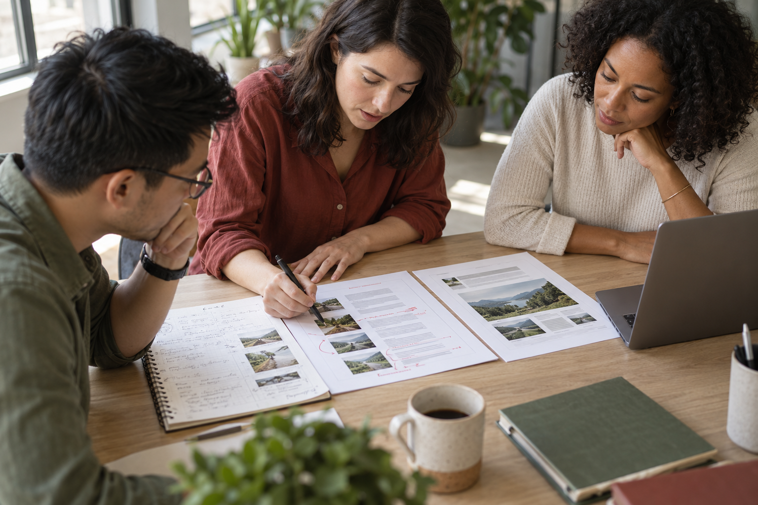 Colleagues examine the source material, draft, and accepted result of an AI-assisted workflow
