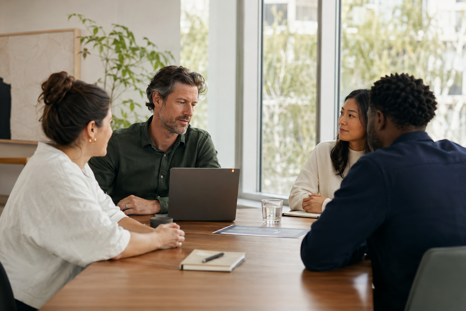 A meeting facilitator notices a discreet AI flag while colleagues continue a focused discussion